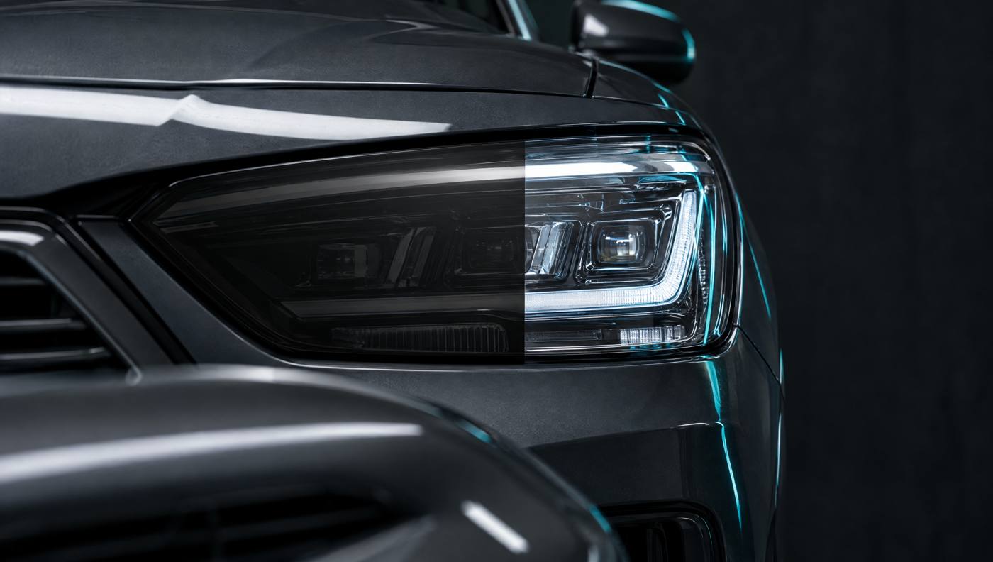 Headlight half covered in smoked film