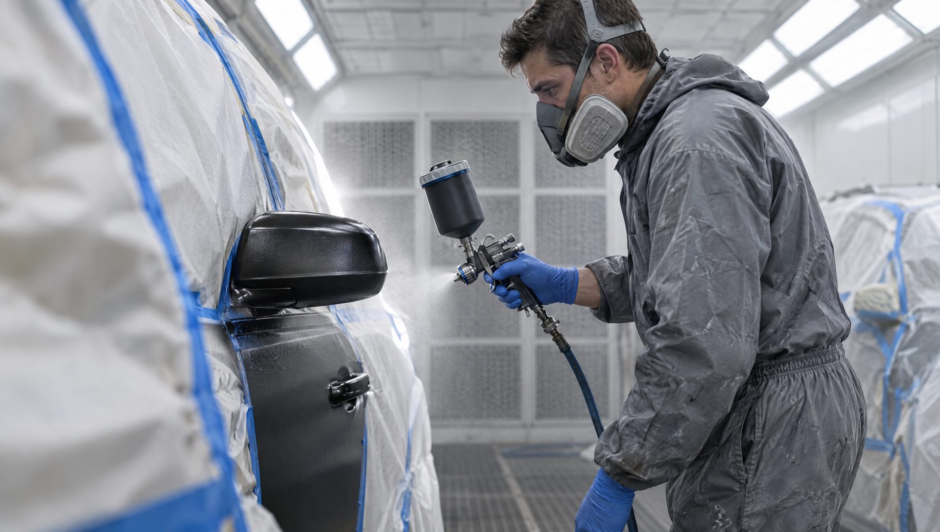 Installer spraying PPS onto a masked car in a spray booth